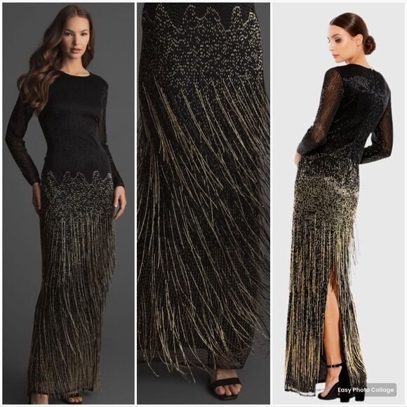 MAC DUGGAL 93584 Long Sleeve Beaded Fringe Evening Gown Dress - Picture 1 of 15